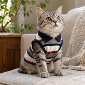 May include: A grey tabby cat wearing a sleeveless polo shirt featuring horizontal stripes in navy blue, white, and red. The shirt has a solid navy blue collar and matching navy blue trim around the armholes, providing a structured look for the cat.