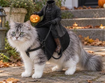 Headless Horseman Cat Costume, Halloween Pet Rider Costume, Pumpkin Knight Cat Harness, Gothic Cat Outfit, Funny Pet Halloween Costume
