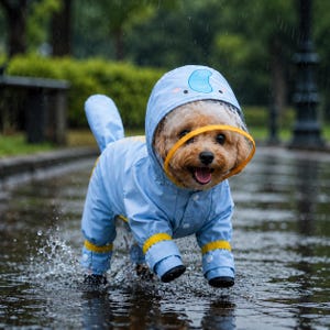 May include: A light blue dog raincoat with a hood featuring a clear plastic visor and yellow trim. The garment covers the torso and legs, with white snap buttons at the cuffs and along the front. The hood has a blue graphic design on top.