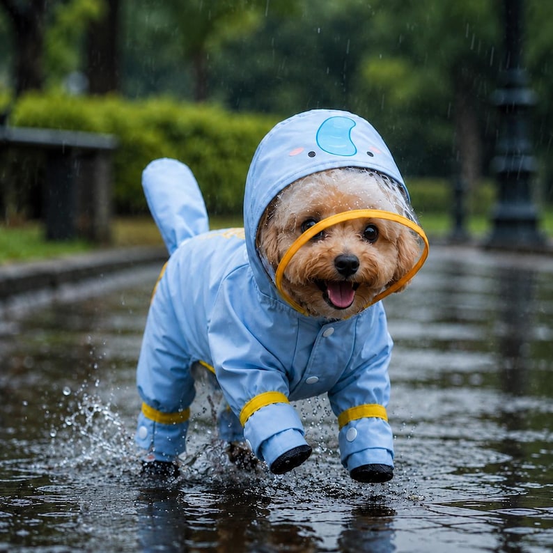 May include: A light blue dog raincoat with a hood featuring a clear plastic visor and yellow trim. The garment covers the torso and legs, with white snap buttons at the cuffs and along the front. The hood has a blue graphic design on top.