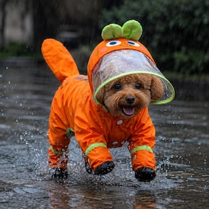 May include: A bright orange dog raincoat featuring a hood with a clear plastic visor and green leaf-shaped accents on top. The garment has long sleeves, white snap buttons down the front, and green trim at the cuffs, designed to cover the body.