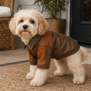 Op de afbeelding: Een kleine, lichtgekleurde, pluizige hond draagt een tweekleurig bruin jasje. Het jasje heeft een donkerbruine kraag, mouwen en achterpand, gecontrasteerd met lichtere beige panelen op de borst en schouders, compleet met een rits aan de voorzijde.