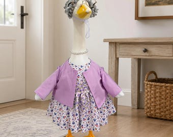 Old Lady Goose Outfit for 23 Inch Porch Goose, Grandma Costume with Floral Dress, Purple Jacket, Wig Glasses & Pearl Necklace, Goose Clothes