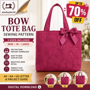 Bow Tote Bag Sewing Pattern PDF, Petal Tote Bag Pattern, Beginner Sewing Pattern, A0 A4 US Letter, Mini M Large, Digital Download