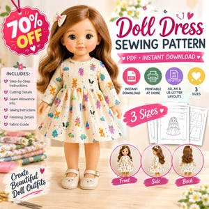 Peut inclure: Une poupée portant une robe crème à manches longues avec un imprimé d'ours colorés et un petit nœud dans ses cheveux bruns. L'image contient du texte pour un patron de couture de robe de poupée, téléchargement PDF, 3 tailles et instructions.
