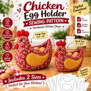 Puede incluir: Un patrón de costura digital para un porta huevos con forma de gallina en dos tamaños, 24,1 por 25,4 cm y 20,3 por 21,6 cm. El modelo presenta tela floral roja, alas con puntos amarillos e incluye archivos imprimibles en formato A4, US Letter y A0.