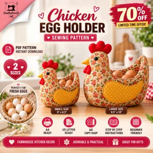 Chicken Egg Holder Sewing Pattern PDF,Thanks giving gift, Hen Egg Basket,Thanks sewing product,Fabric Chicken Basket, 2 Sizes