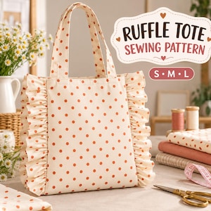 Side Ruffle Tote Sewing Pattern, Gathered Side Tote, Ruffle Tote Sewing PDF, Ruffle Shoulder Tote, 3 Size Tote Pattern