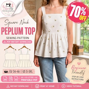 Peplum Top Sewing Pattern PDF | Square Neck Tank Top Pattern | Women's ...