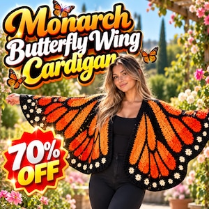 May include: A crochet cardigan featuring a monarch butterfly wing pattern in vibrant orange, black, and white. The garment displays a detailed wing design with black veins, orange panels, and a white floral border along the edges of the sleeves.