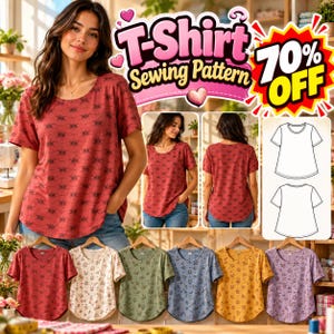 May include: A short-sleeve t-shirt sewing pattern featuring a scoop neckline and a curved hemline. The design is displayed in various colors including red, cream, olive green, blue, yellow, and purple, all decorated with a small floral print.