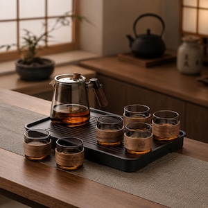 Teservis i rökt glas med trähandtag, japansk tekanna, modern Gongfu-teservis med koppar och bricka, minimalistisk tegåva