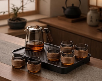 Puede incluir: Un juego de té compuesto por una tetera de cristal con asa y tapa de madera, y seis tazas de cristal con fundas de madera, todo dispuesto sobre una bandeja de servicio rectangular negra con ranuras. La tetera y las tazas contienen té ámbar.