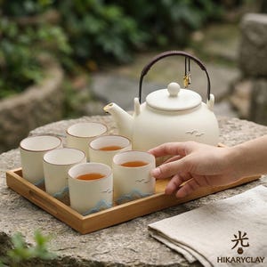 Handmade Mountain Pattern Ceramic Tea Set with 6 Cups & Bamboo Tray | White or Black Minimalist Teapot Gift Set | Tea Ceremony Decor