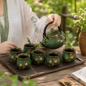 Elegant Green Floral Ceramic Tea Set Collection, Handmade Ceramic Teapot & 6 Cups Set, Japanese Tea Ceremony Set, Kung Fu Tea Service