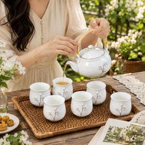 Juego de té de porcelana blanca con diseño floral, que incluye tetera y 6 tazas, servicio de té con mango de bambú e infusor, juego para la ceremonia del té japonesa.