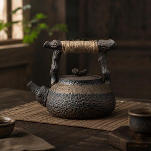 Puede incluir: Una tetera de cerámica texturizada de color marrón oscuro con una banda horizontal de color bronce más claro. El asa tiene forma de rama de árbol y está envuelta en cuerda natural. Un pequeño pomo en forma de rama corona la tapa, texto HIKARYCLAY.