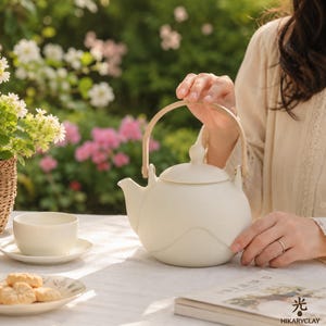 Puede incluir: Una tetera de cerámica en color blanco roto mate con cuerpo curvo, tapa a juego con un pequeño pomo y un asa giratoria de madera clara sujeta a bisagras metálicas. La tetera está colocada sobre una superficie blanca junto a una taza a juego.