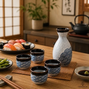 Puede incluir: Un juego de sake de cerámica que incluye una jarra alta y cuatro tazas pequeñas, decoradas con un acabado blanco moteado y un patrón de olas azules en la base. Cada pieza tiene un borde marrón oscuro sobre una esterilla de bambú.