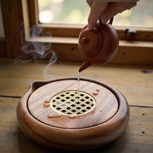 May include: A round wooden tea tray with a central gold-colored metal grate featuring a repeating geometric pattern. A small, smooth, reddish-brown clay teapot is pouring a thin stream of clear liquid onto the grate, with wisps of steam rising.