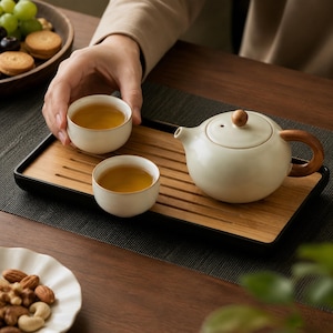 May include: A ceramic tea set consisting of a round, off-white teapot with a wooden handle and lid knob, and two matching small tea cups filled with amber liquid. The set is arranged on a rectangular bamboo tray with a black frame and slats.