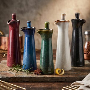 Puede incluir: Cinco dispensadores de aceite de cerámica en rojo, azul, verde, blanco y negro, cada uno con un cuerpo alto y cónico, cuello estrecho, una pequeña asa en la parte superior y un pico lateral. Los dispensadores tienen un acabado de esmalte brillante.