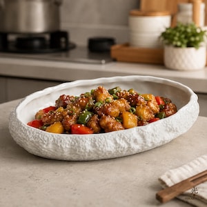 Op de afbeelding: Een ovale witte keramische serveerschaal met een textuur die lijkt op rotsen aan de buitenkant. De schaal is gevuld met een roerbakgerecht met geglazuurd vlees, rode paprika, gele ananasstukjes en bosui, bestrooid met sesamzaadjes.