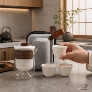 Peut inclure: Une théière en verre transparent avec un infuseur en céramique blanche et une bande en bois foncé, accompagnée de trois petites tasses en céramique blanche et d'un étui de transport gris zippé avec une poignée en cuir marron. HIKARYCLAY est inscrit.