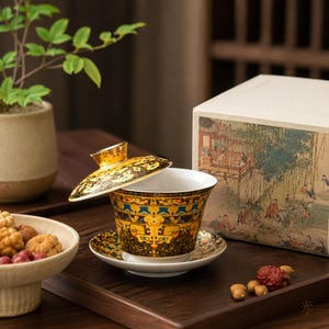 Porcelain Gaiwan Tea Set, Gold Tang Card Pattern Lidded Tea Bowl, 180ml Gongfu Tea Cup with Saucer, Chinese Tea Ceremony Set