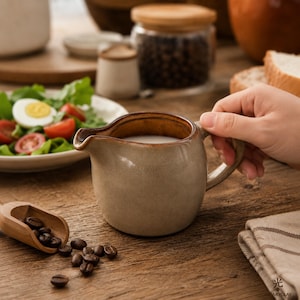 Peut inclure: Un pot à lait en céramique avec un extérieur beige clair lisse et un bord émaillé brun foncé contrastant. Le pot présente une anse incurvée et un petit bec verseur, contenant un liquide blanc, posé sur une surface en bois rustique.