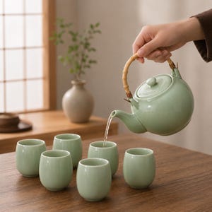 Japanese Ceramic Tea Set with Tray, Sage Green Teapot with 6 Tea Cups, Bamboo Handle, Gongfu Tea Ceremony Gift for Tea Lovers