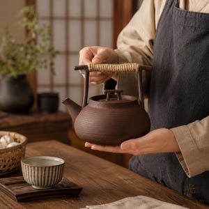 Rustic Japanese Ceramic Teapot 300ml with Wrapped Handle, Handmade Gongfu Tea Kettle, Loose Leaf Tea Pot for Tea Rituals