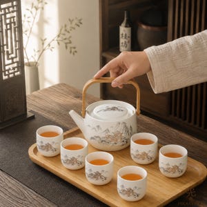 May include: A white ceramic tea set featuring a teapot with a wooden handle and five matching cups, all decorated with a brown and grey landscape illustration of mountains and buildings. The set is arranged on a rectangular wooden serving tray.