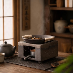Puede incluir: Un calentador de té de cerámica gris oscuro con base cuadrada y una abertura circular para una vela. Un cuenco de cerámica oscuro y poco profundo con asas de cuerda de yute se asienta encima, conteniendo hojas de té secas con vapor.