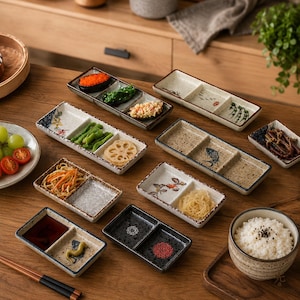 May include: A collection of rectangular ceramic serving dishes featuring multiple compartments, some with painted floral, fish, or geometric patterns in black, white, and earth tones, alongside a round ceramic bowl filled with white rice.