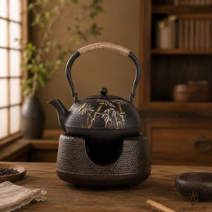 Cast Iron Japanese Teapot Set with Warmer, Bamboo Pattern Tetsubin Tea Kettle, 1200ml Asian Tea Ceremony Pot