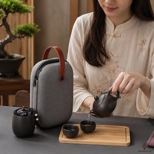 Portable Travel Tea Set with Protective Case, Ceramic Teapot & 2 Cups, Gongfu Tea Kit for Camping Office Outdoor Brewing