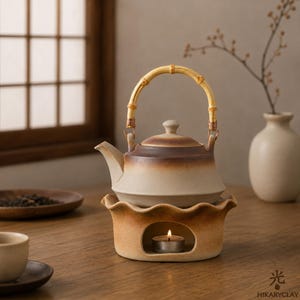 Peut inclure: Une théière en céramique avec une finition dégradée marron et crème, dotée d'une anse en bambou courbée et d'un socle chauffe-théière assorti à bord festonné. Une petite bougie chauffe-plat allumée est placée dans le socle. Texte HIKARYCLAY visible.