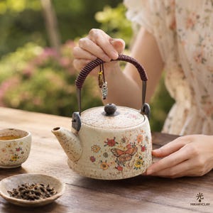 Vintage Floral Ceramic Teapot with Woven Handle, 250ml Rustic Pottery Tea Kettle, Botanical Gongfu Teaware, Decorative Tea Pot, Gift Box