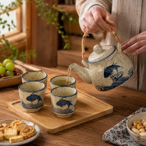 Koi Fish Ceramic Tea Set, Bamboo Handle Teapot with 4 Tea Cups, Speckled Stoneware Tea Serving Set, 650ml