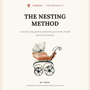 May include: A book cover titled The Nesting Method by Coral Pregnancy, featuring a watercolor illustration of a vintage baby carriage with a brown body and light green hood. The text includes a step-by-step guide to optimizing your home, health, and every trimester.
