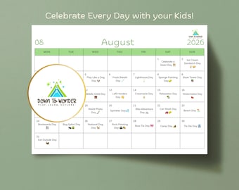 Calendario delle feste per bambini di agosto 2026 / PDF stampabile / Divertimento quotidiano per festività e giorni speciali / Download digitale immediato