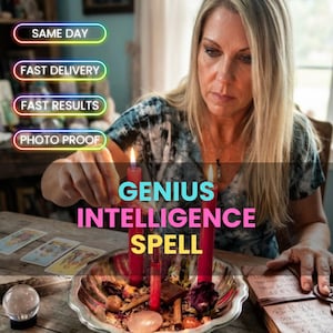 May include: Three red candles burning in a silver bowl filled with dried herbs and crystals. Text overlays read: SAME DAY, FAST DELIVERY, FAST RESULTS, PHOTO PROOF, and GENIUS INTELLIGENCE SPELL. Tarot cards and a crystal ball are on the table.