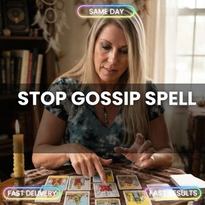 May include: A set of tarot cards laid out on a table with the text "SAME DAY", "STOP GOSSIP SPELL", "FAST DELIVERY", and "FAST RESULTS" overlaid. A lit yellow candle stands to the left of the cards, which feature various illustrated figures.