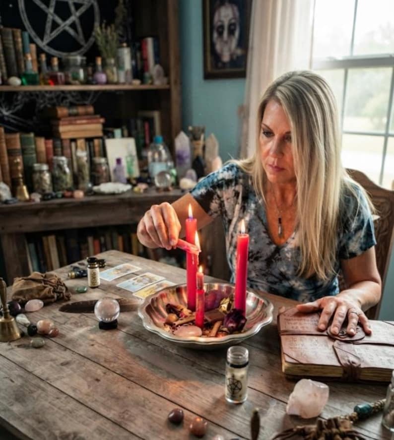 Op de afbeelding: Een zilverkleurige metalen schaal met drie brandende rode kaarsen van verschillende hoogtes, omringd door verspreide kristallen, tarotkaarten, een klein glazen flesje, een in leer gebonden boek en een kristallen bol op een houten tafel.