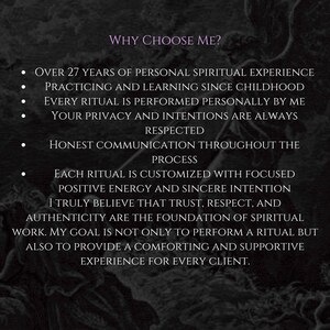 Puede incluir: Un fondo oscuro y texturizado con el texto morado Why Choose Me? seguido de una lista con vi&ntilde;etas que detalla 27 a&ntilde;os de experiencia espiritual, personalizaci&oacute;n de rituales, privacidad, comunicaci&oacute;n honesta, confianza y autenticidad.