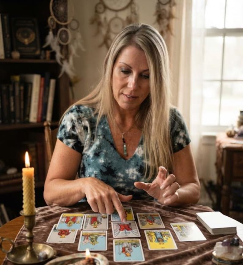 Puede incluir: Un conjunto de cartas del tarot dispuestas sobre un pa&ntilde;o de terciopelo marr&oacute;n, con varias figuras y s&iacute;mbolos ilustrados. Una vela de cera de abeja encendida en un candelabro de lat&oacute;n se encuentra a la izquierda, y un mazo de cartas a la derecha.