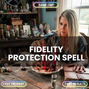 Pode incluir: Um conjunto ritual com duas velas vermelhas numa taça recortada, um livro encadernado em pele e uma pequena bola de cristal sobre uma mesa de madeira. Os textos SAME DAY, FIDELITY PROTECTION SPELL, FAST DELIVERY e FAST RESULTS são néon.