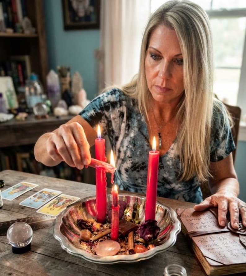Puede incluir: Un cuenco de metal plateado que contiene tres velas de pilar rojas, p&eacute;talos de flores secas, cristales y ramas de canela. Una vela se enciende con una vela roja m&aacute;s peque&ntilde;a. Cerca hay cartas del tarot, una esfera de cristal y un libro.