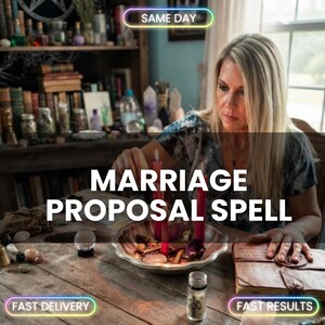May include: A person sits at a wooden table with a bowl containing two red candles, crystals, and dried herbs. A leather-bound book lies nearby. Text on the image reads: SAME DAY, MARRIAGE PROPOSAL SPELL, FAST DELIVERY, and FAST RESULTS.